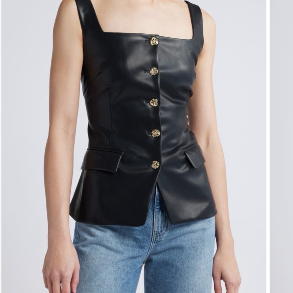 NWT Pixie Market Black Faux Leather Vest with Gold Buttons